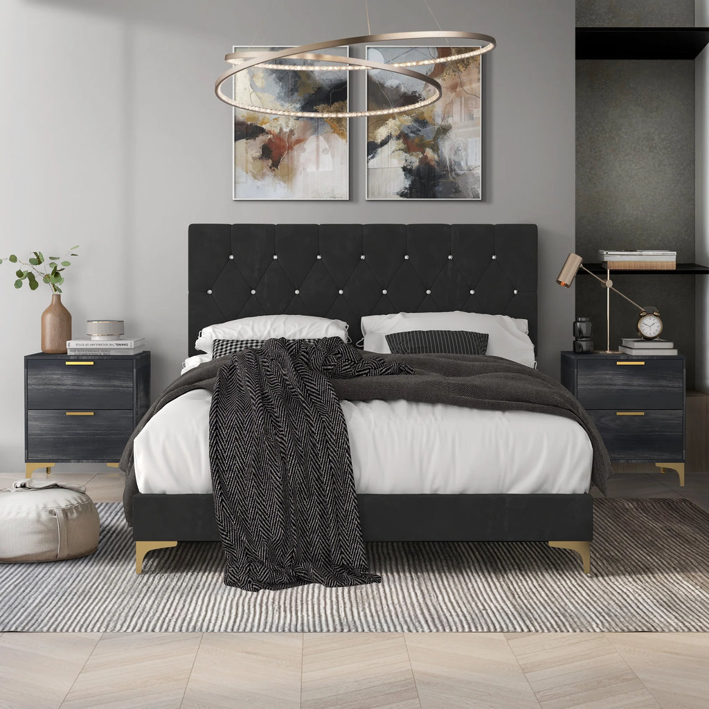 Black Velvet Upholstered Queen Bed with 2 Nightstands G759