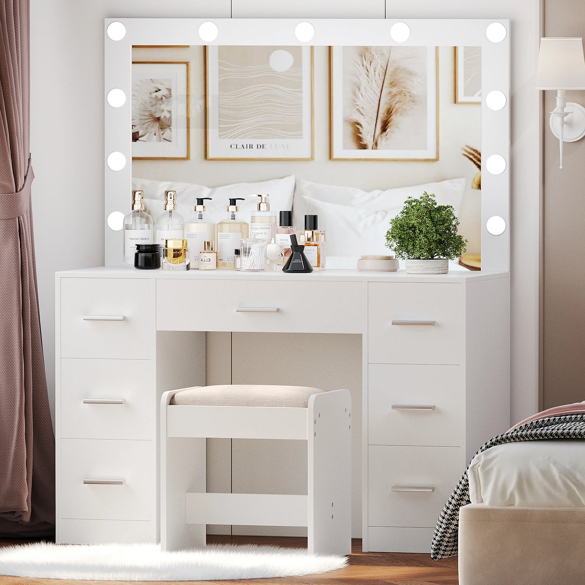 Vanity Desk Set with Lighted Mirror & Stool P510842