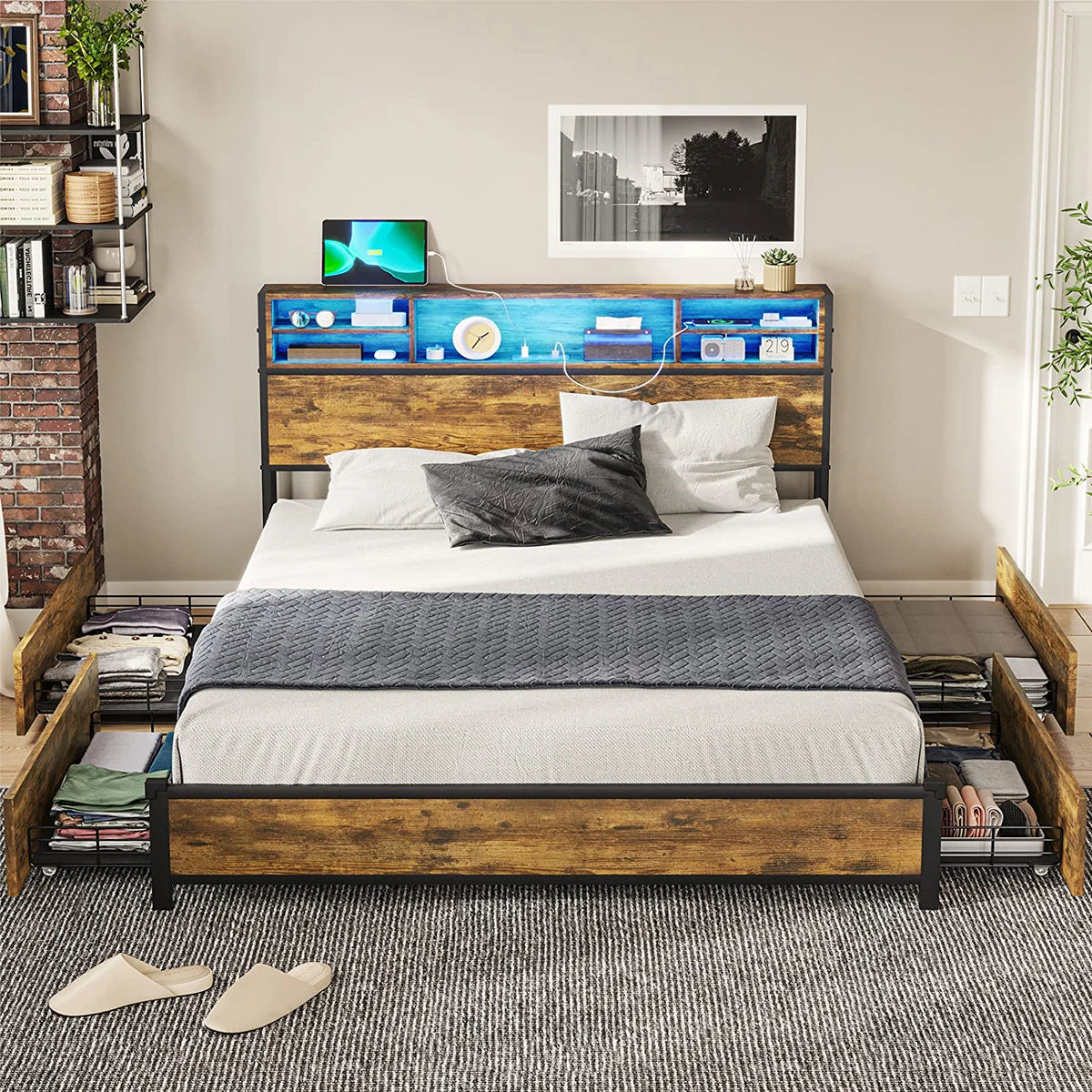 Full Size LED Metal Platform Bed Frame with Storage Drawers O2731