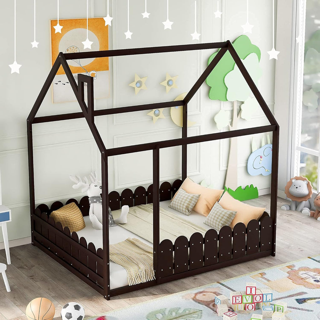 White Full Size Pine Wood Cabin Bed with Guardrails H7551