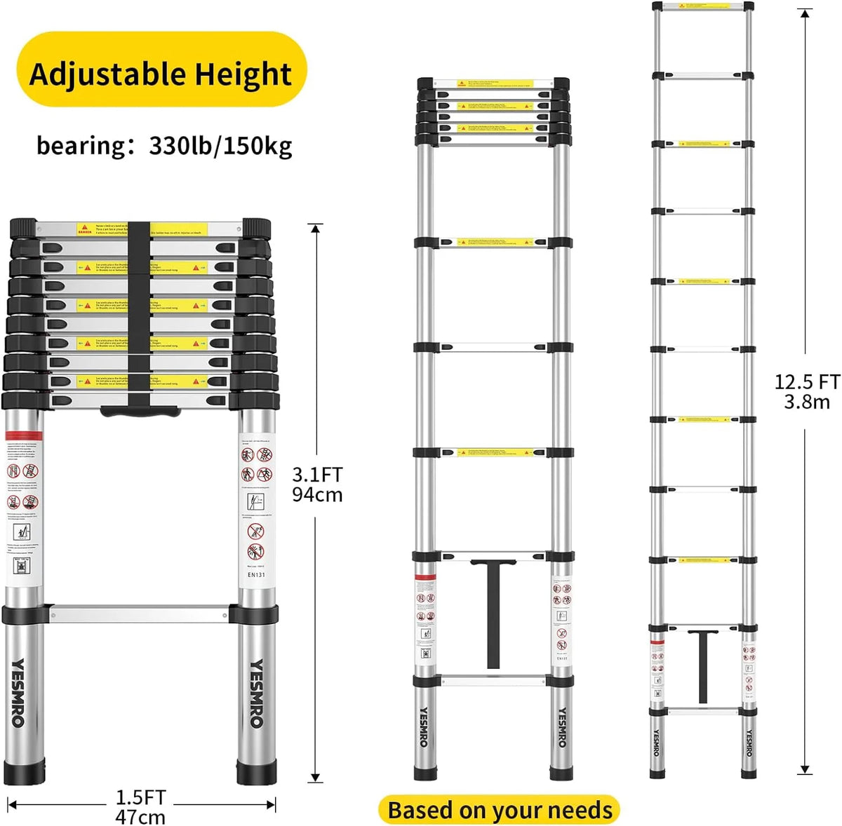 Telescoping Ladder 12.5ft Aluminum Heavy Duty 330lbs Non-Slip M67387