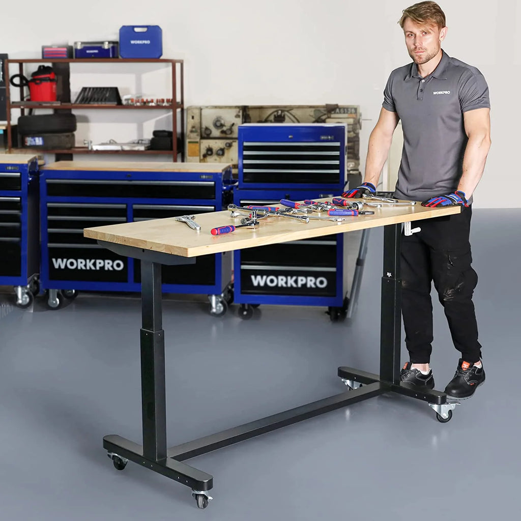 60" x 24" Rubber Wood Top Height Adjustable Work Table with Crank Handle and Casters N9077