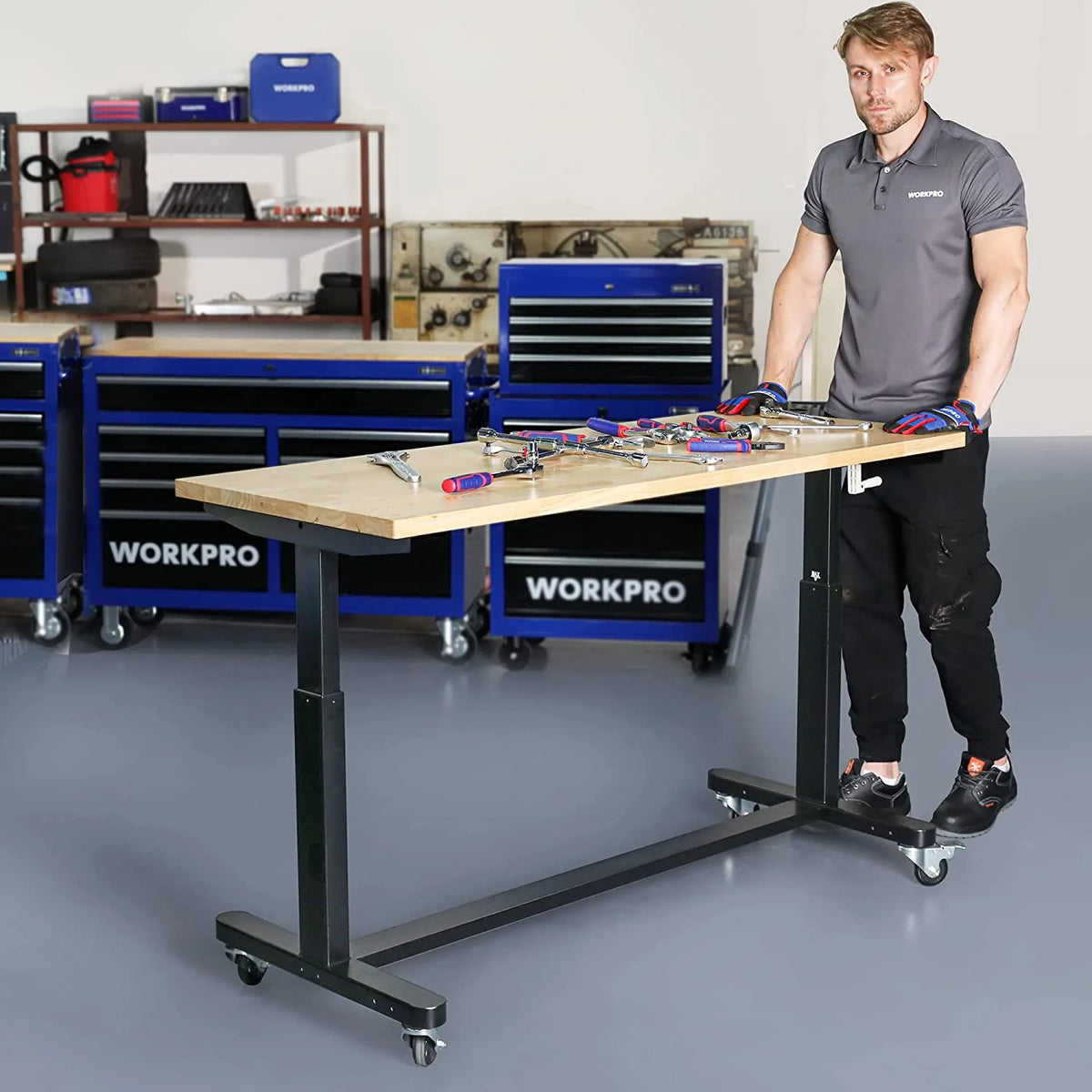 60" x 24" Rubber Wood Top Height Adjustable Work Table with Crank Handle and Casters N9077