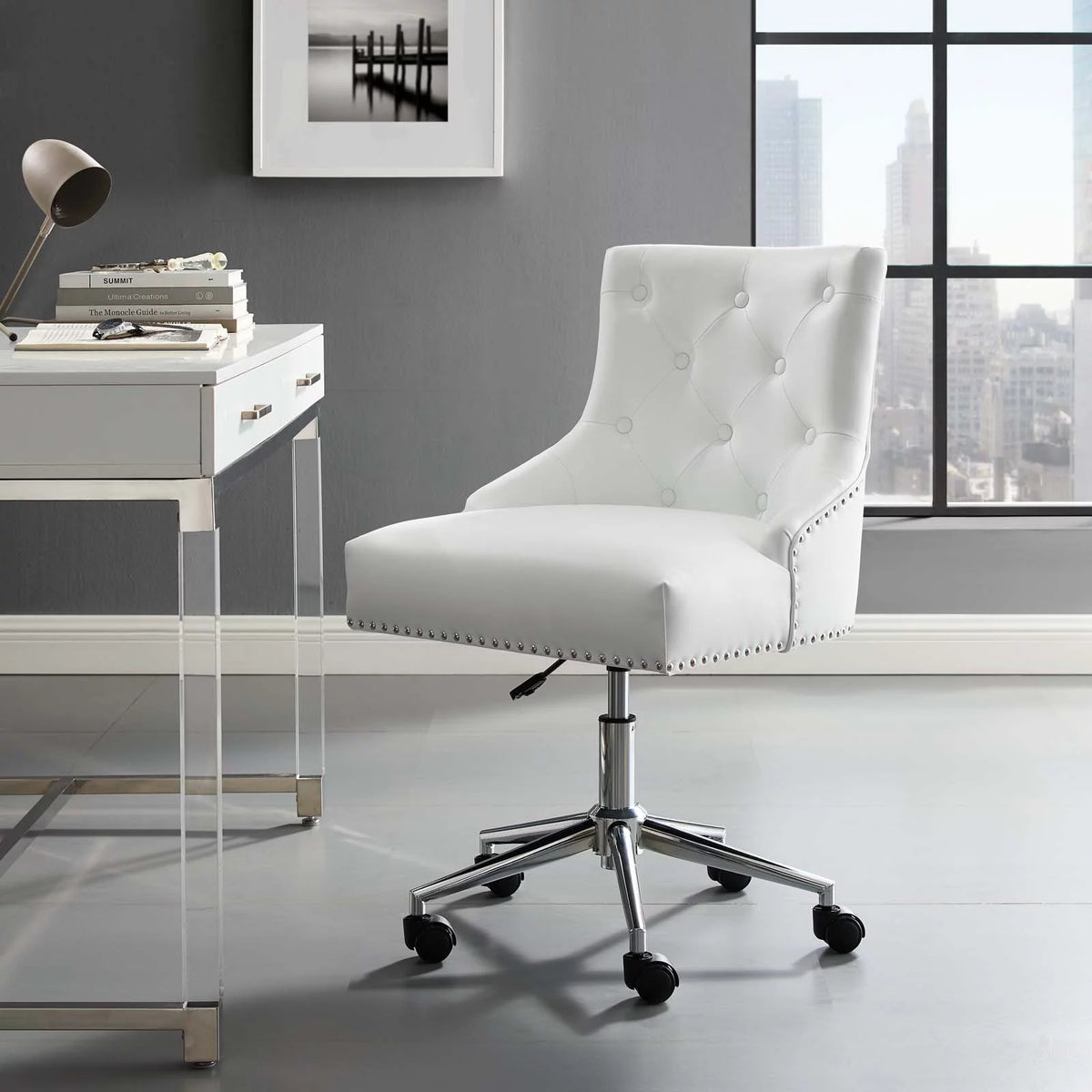 White Tufted Faux Leather Swivel Office Chair L2299