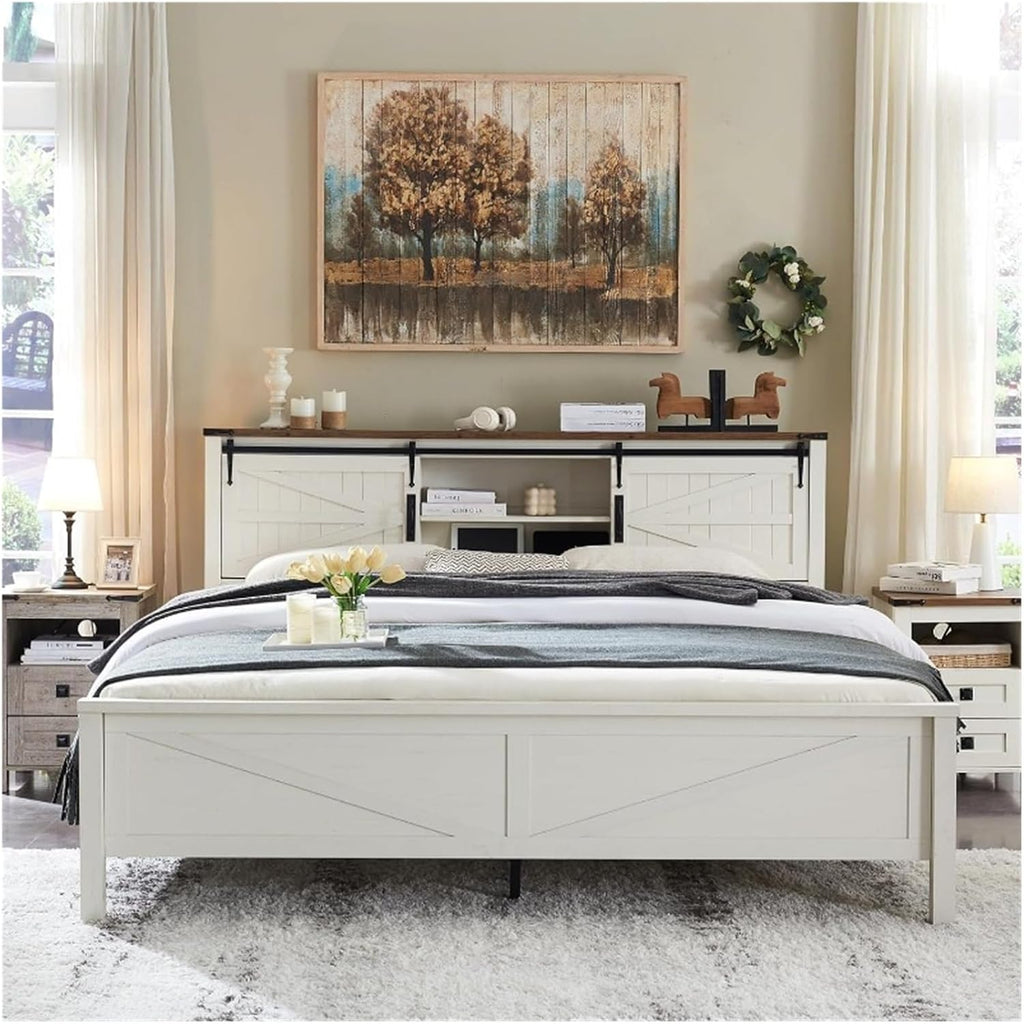 Queen Size Bed Frame with Storage Bookcase Headboard with Sliding Barn Door K188