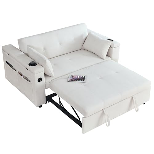 White Chenille 2-Seater Convertible Sofa Bed with USB Power Outlet Z80109
