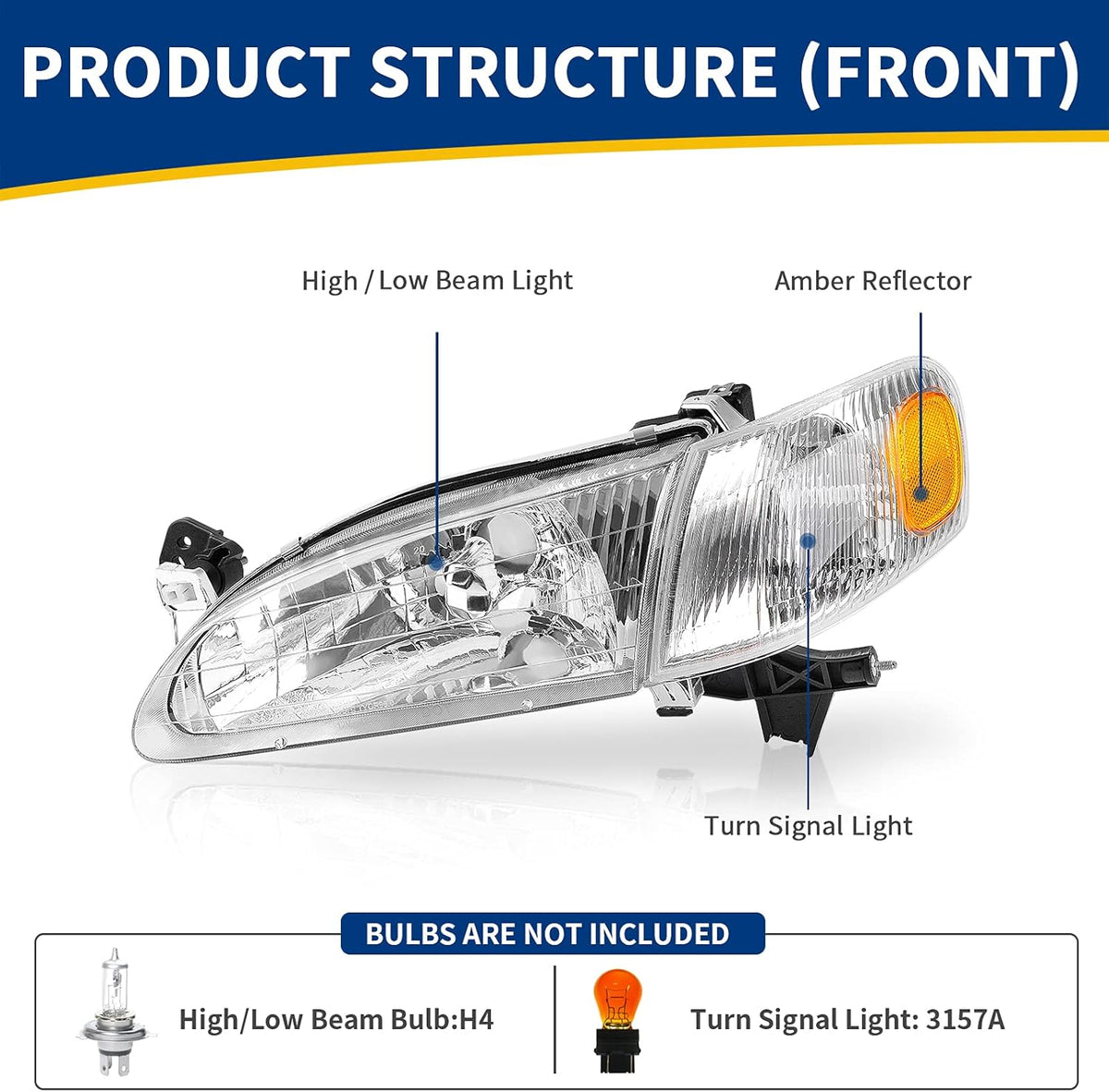 Headlight Assembly with Front Signal Lights Chrome Housing Clear Lens Amber Reflector F808488