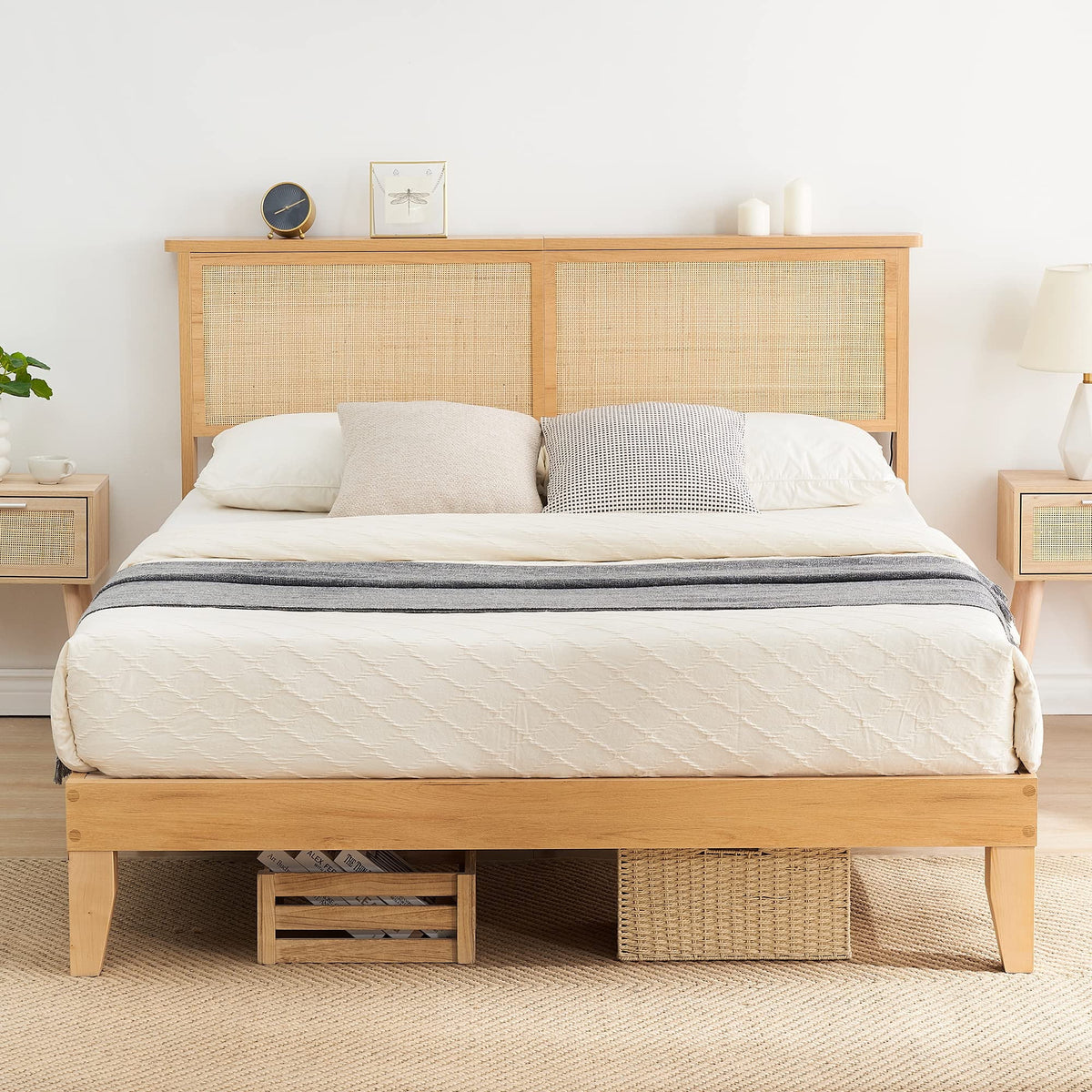 Full Size Rattan Headboard Platform Bed Frame with Storage S98717