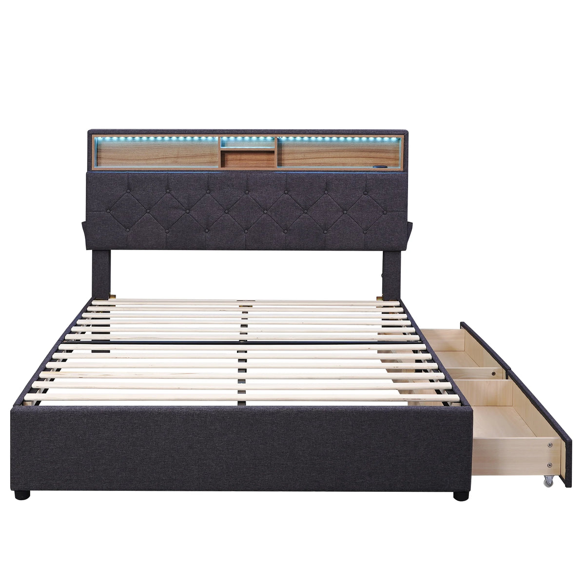 Upholstered Full Platform Bed with Shelf and 2 Drawers X269048