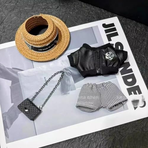 17cm Doll 4-Piece Straw Hat PU Leather Jacket Houndstooth Shorts Outfit H85622