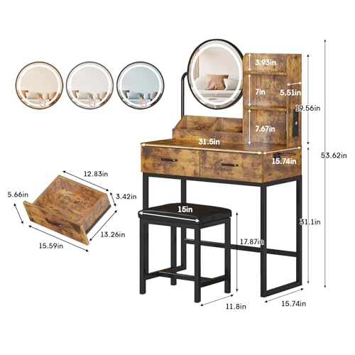 Brown Makeup Vanity Desk with Round Mirror and Lights, 2 Drawers M131330