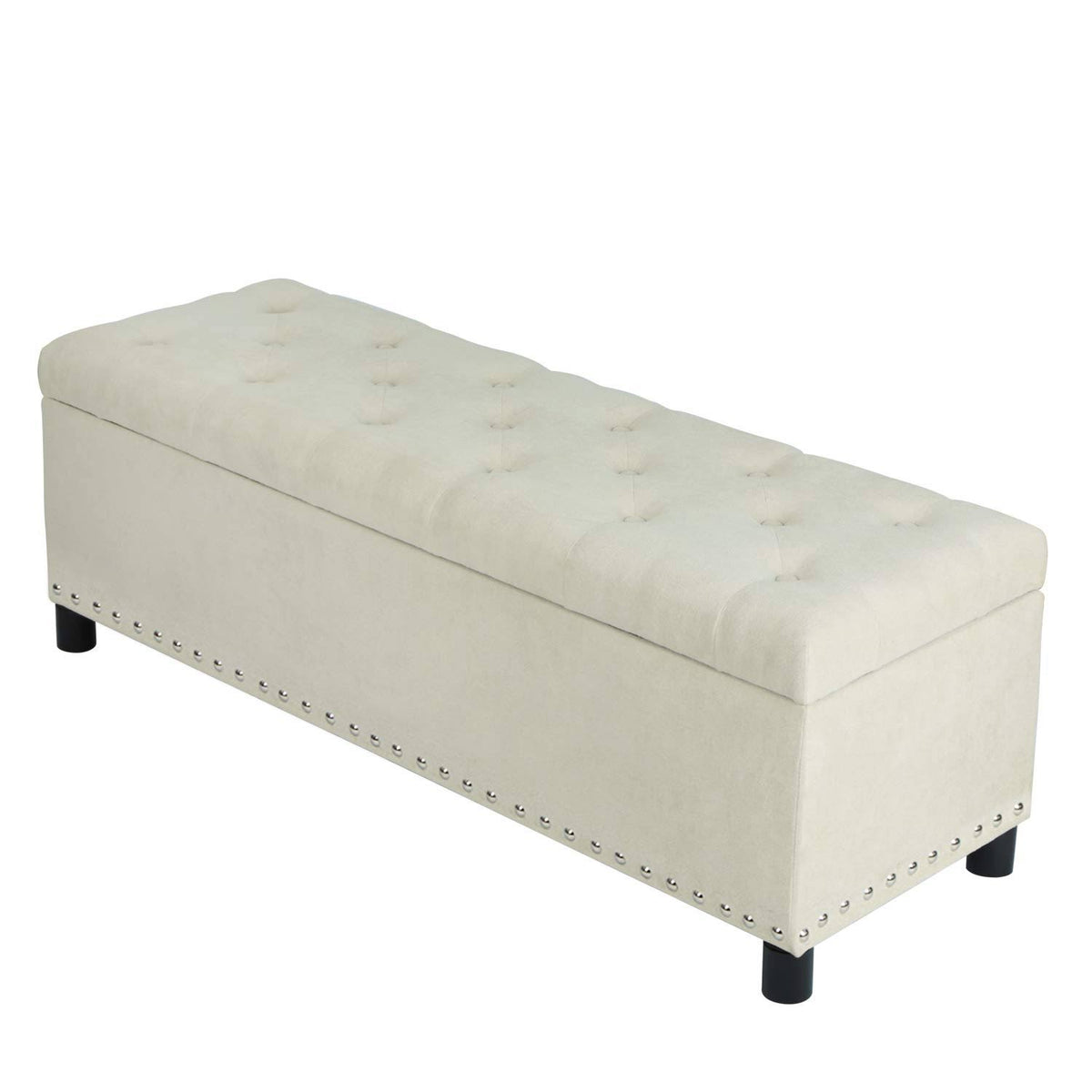 Beige Linen Storage Ottoman Bench with Nailhead Trim C182