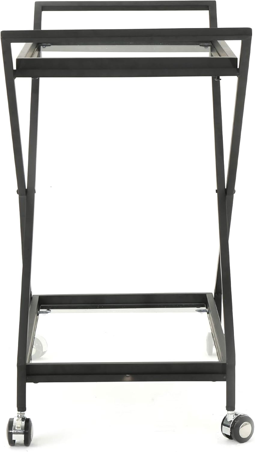 Black Industrial Iron Bar Cart with Tempered Glass Shelves W8750