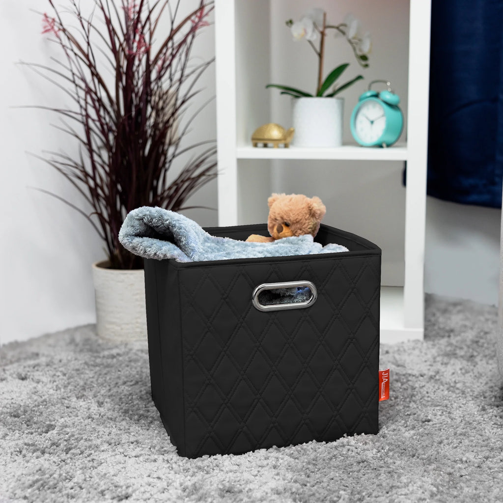 Small 11-inch Black Foldable Faux Leather Storage Cube Bins Set of Four with Handles Q96313