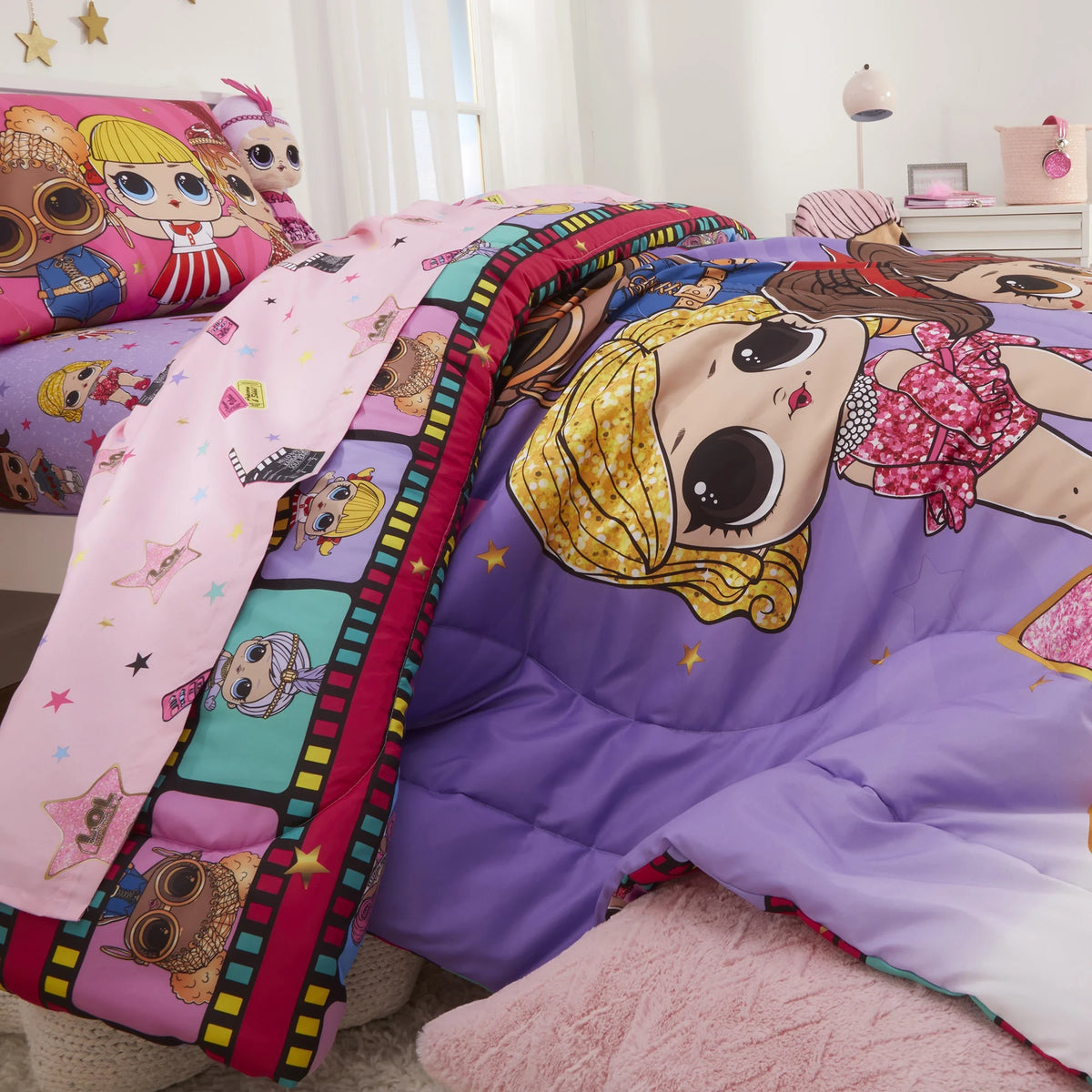 Kids Twin Bed in a Bag, Comforter and Sheets, Purple and Pink A53177