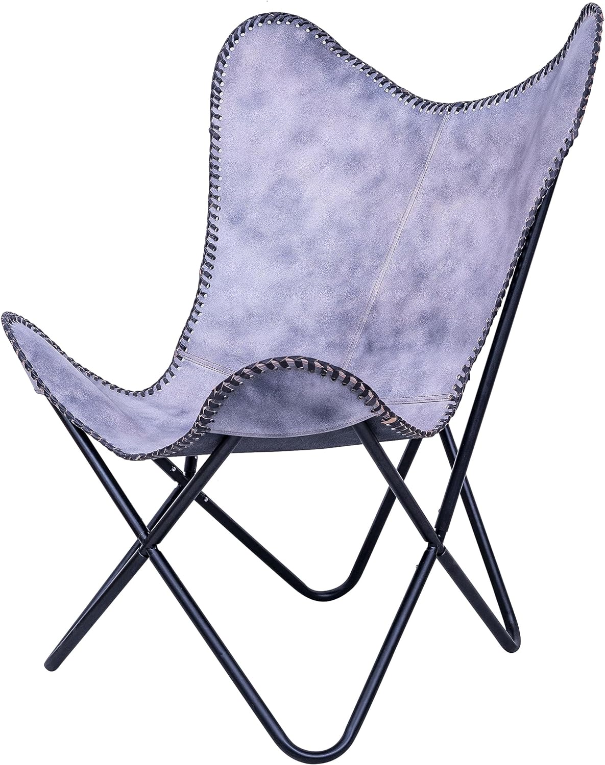 Grey Leather Butterfly Arm Chair with Powder Coated Folding Iron Frame H185
