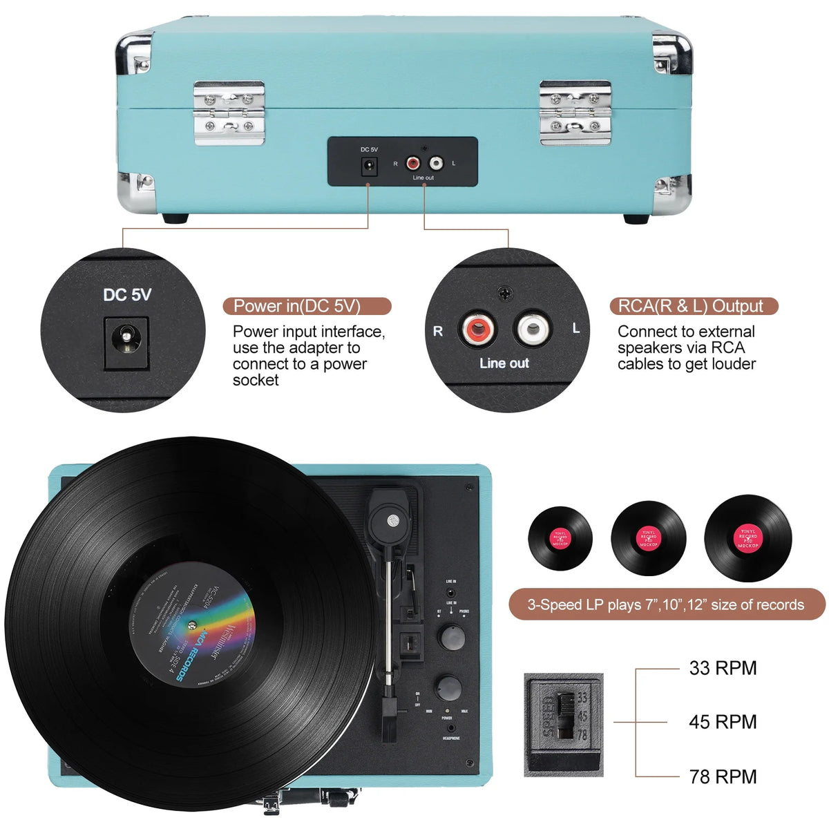 Bluetooth Record Player Turntable with Built-in Stereo Speakers, Suitcase Design - Blue U579309