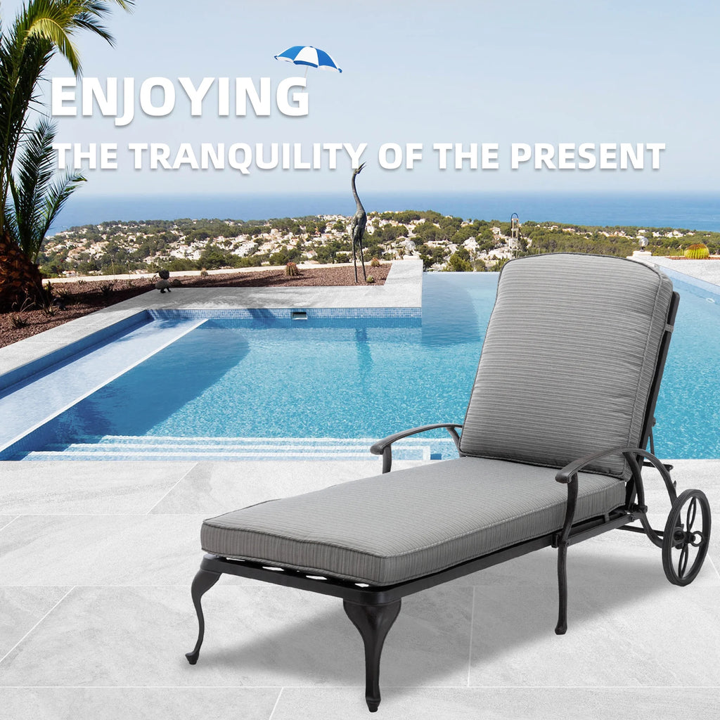 Outdoor Chaise Lounge Chair Cast Aluminum with Wheels and Adjustable Reclining P67542