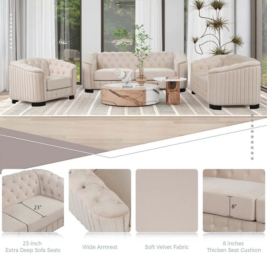 Beige Velvet 3-Piece Sofa Set with Rubber Wood Legs B23901