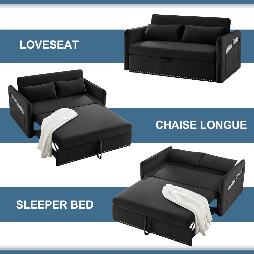 55" Black Velvet Convertible Sleeper Sofa with USB Ports E139313