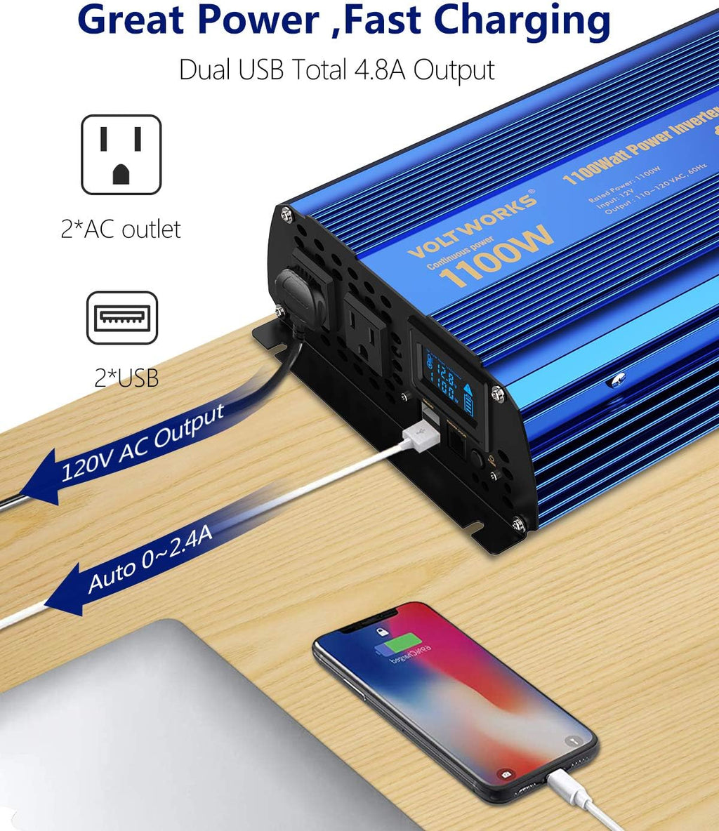 1100 Watt 12V to 120V Modified Sine Wave Power Inverter with LCD Display Remote Control 2 AC Outlets Dual 2.4A USB Ports M86368