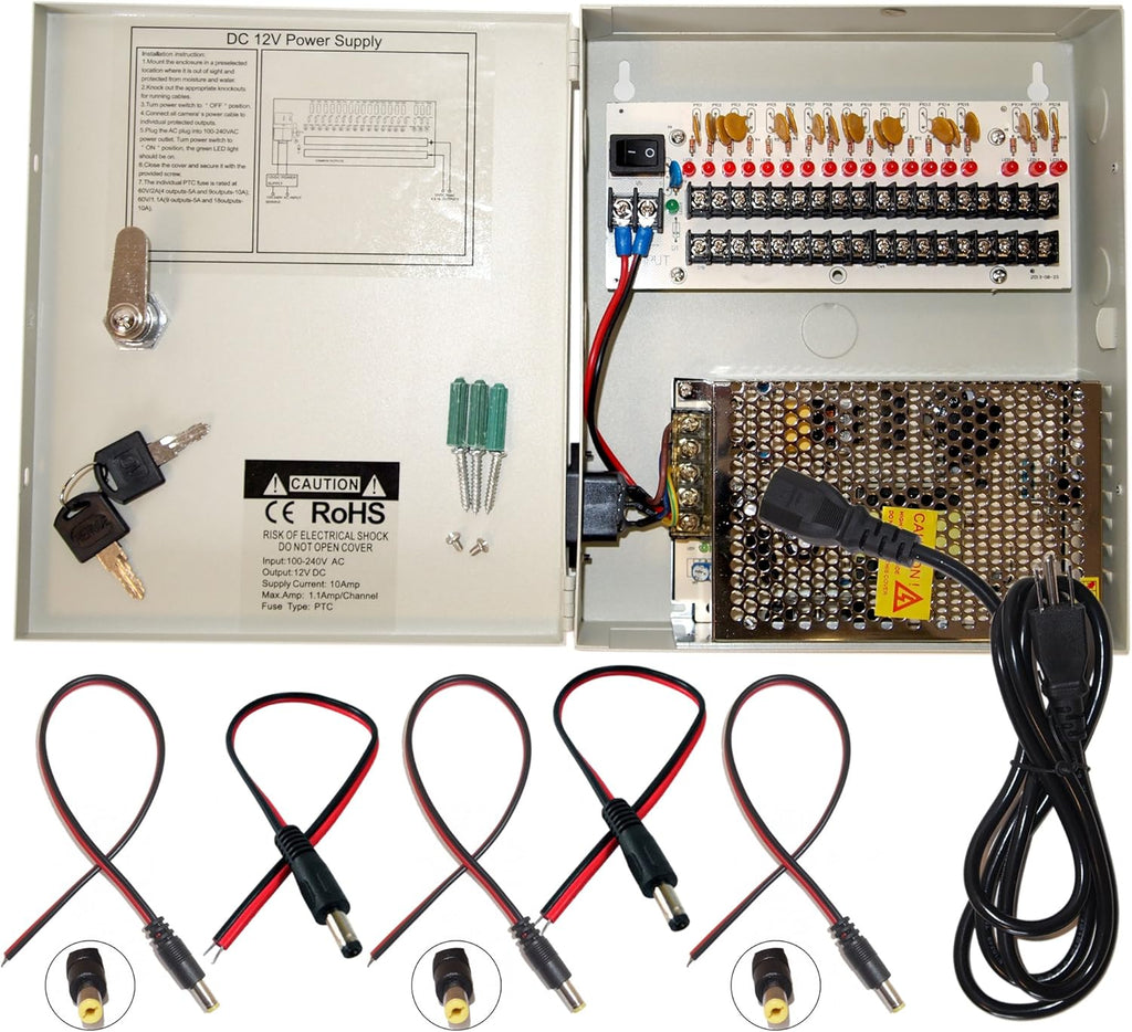 16 Channel 12 Volt DC Output CCTV Power Supply Box with 18 Pcs DC Male Pigtail R549