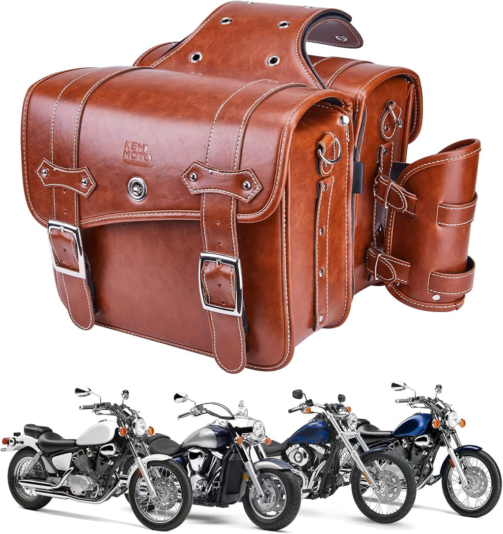 Brown Leather Motorcycle Saddle Bag with Cup Pocket M634