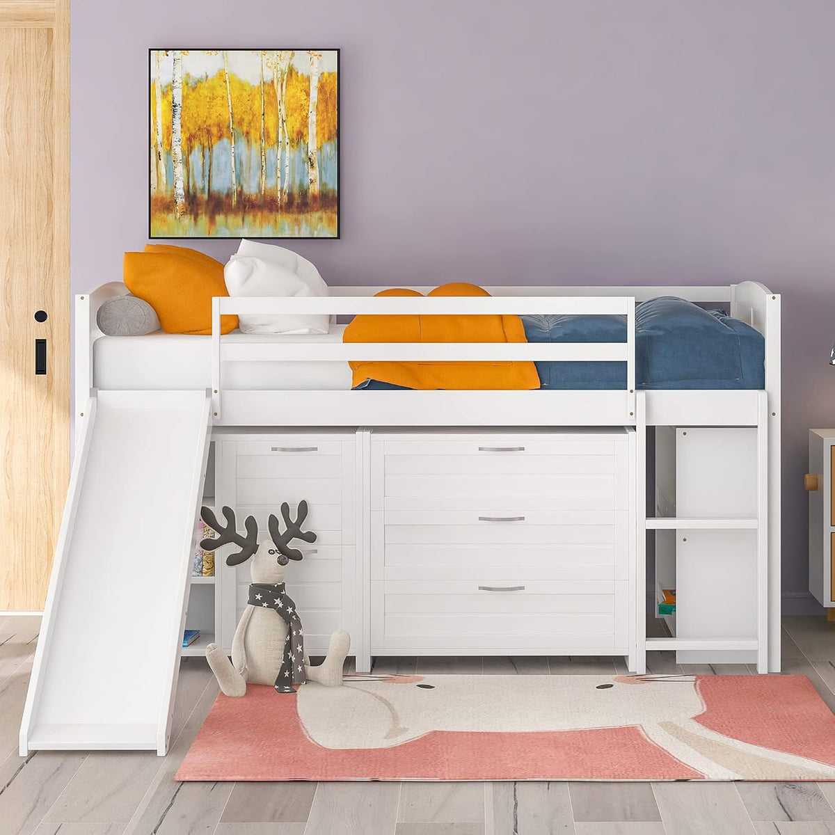 Twin Low Loft Bed with Desk and Cabinet Wooden Bed Frame X9988