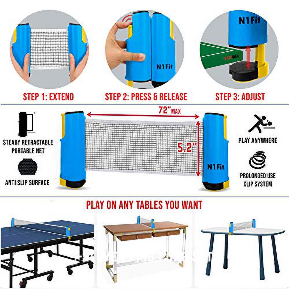 4 Professional Table Tennis Rackets, Retractable Net, 6 Balls, Carry Case F7038
