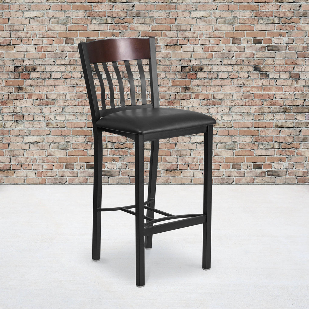 Black Metal and Walnut Wood Restaurant Barstool with Black Vinyl Seat W250