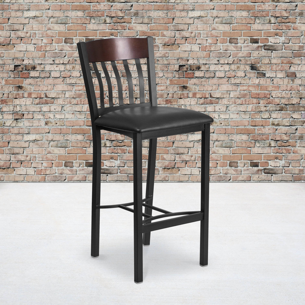 Black Metal and Walnut Wood Restaurant Barstool with Black Vinyl Seat W250