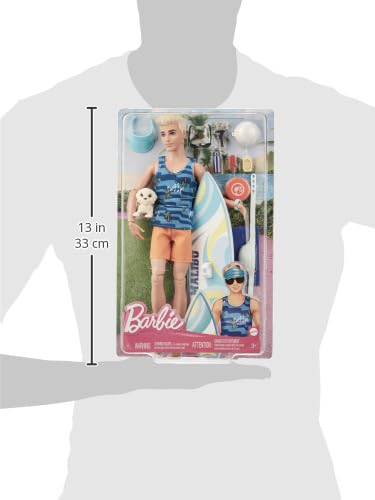 Poseable Blonde Ken Beach Doll with Surfboard and Pet Puppy H166