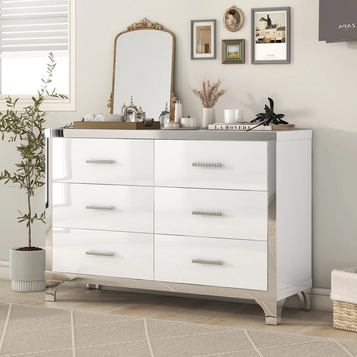 White High Gloss 6 Drawer Dresser with Metal Handle R9732