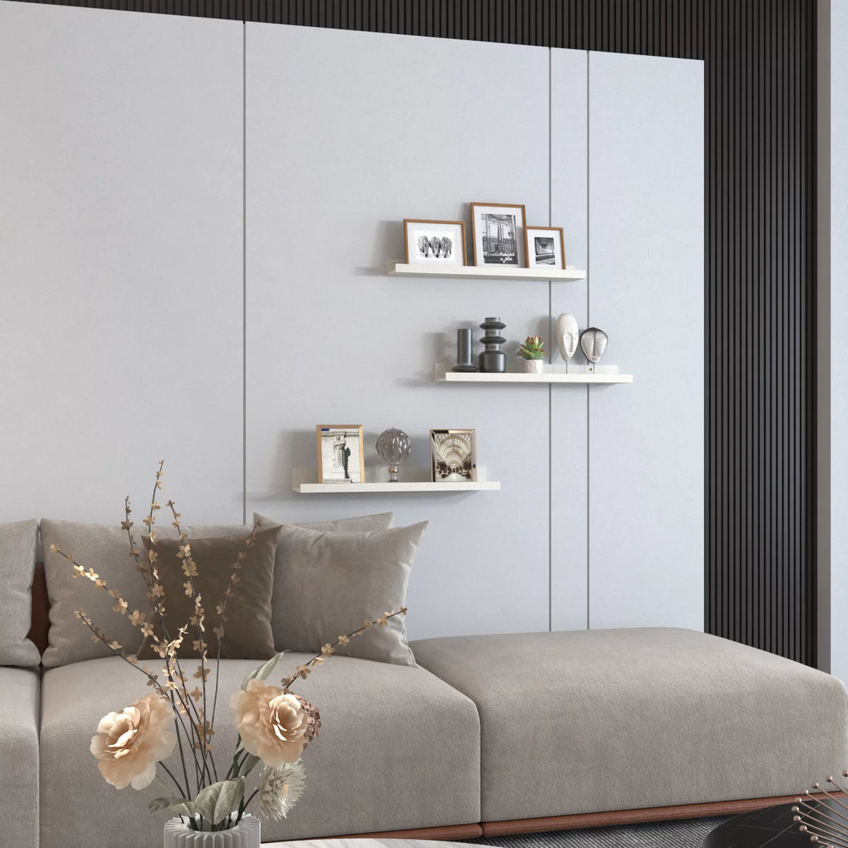 24 Inch Creamy White Beige Wood-Grain Floating Shelves Set of 3 Y258366