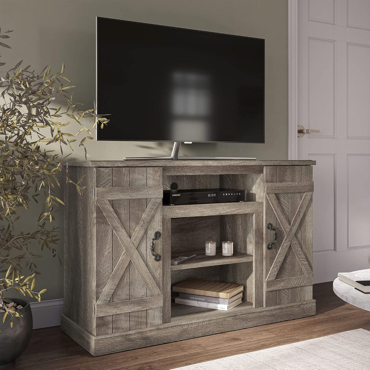 Industrial Electric Fireplace TV Stand with Open Storage Shelves A1213