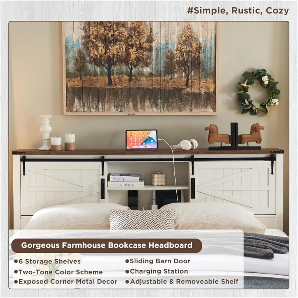 Queen Size Bed Frame with Storage Bookcase Headboard with Sliding Barn Door K188