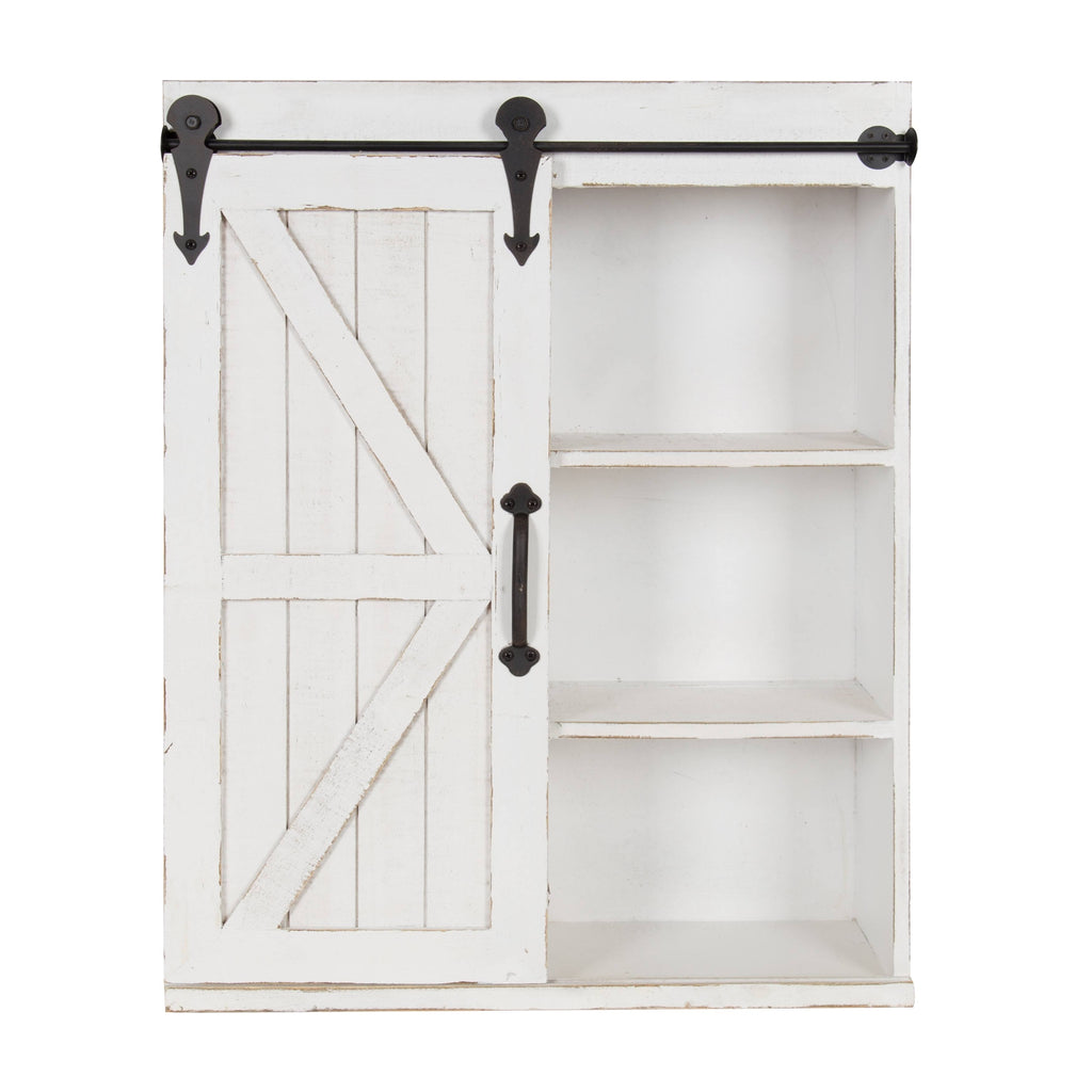 Rustic White Wood Wall Storage Cabinet with Sliding Barn Door F2988