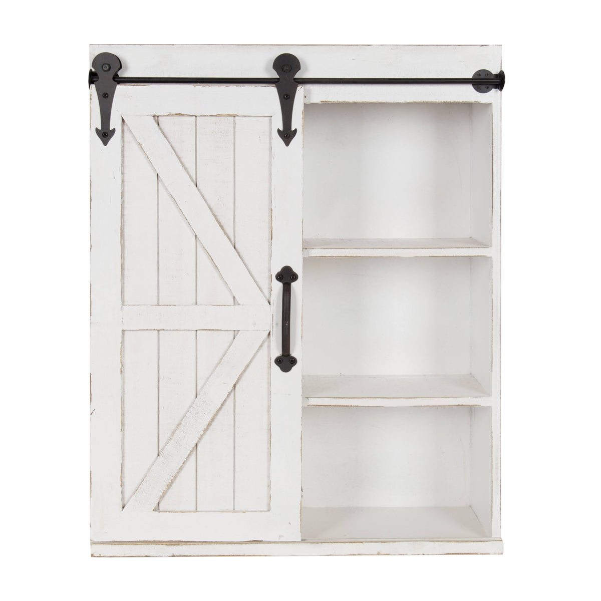 Rustic White Wood Wall Storage Cabinet with Sliding Barn Door F2988