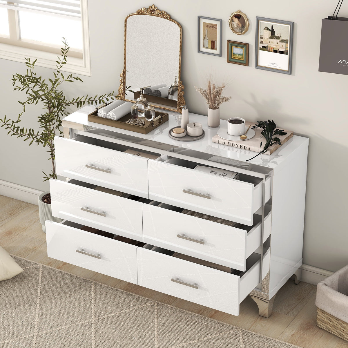 White High Gloss 6 Drawer Dresser with Metal Handle R9732