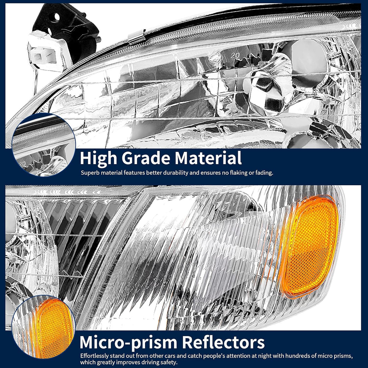 Headlight Assembly with Front Signal Lights Chrome Housing Clear Lens Amber Reflector F808488