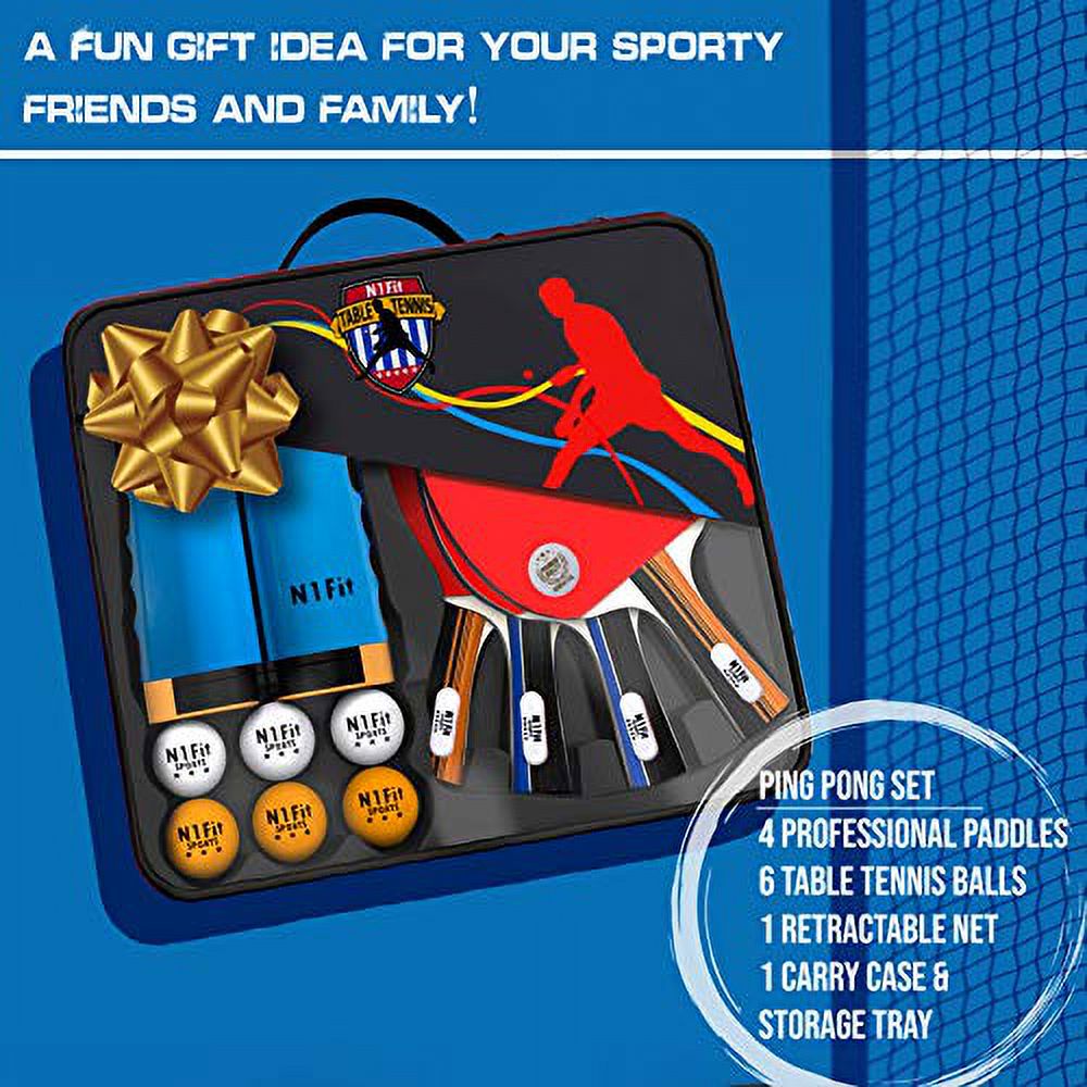 4 Professional Table Tennis Rackets, Retractable Net, 6 Balls, Carry Case F7038