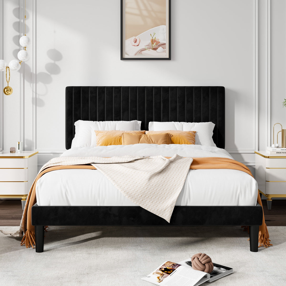 Queen Size Black Velvet Upholstered Platform Bed Frame P440248