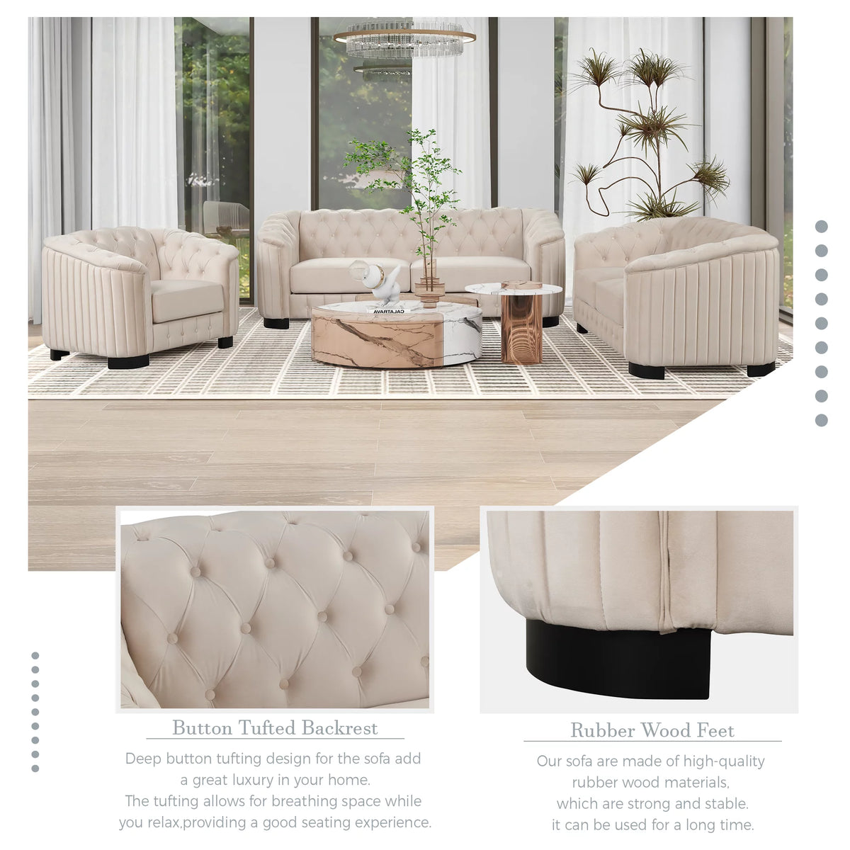 Beige Velvet 3-Piece Sofa Set with Rubber Wood Legs B23901