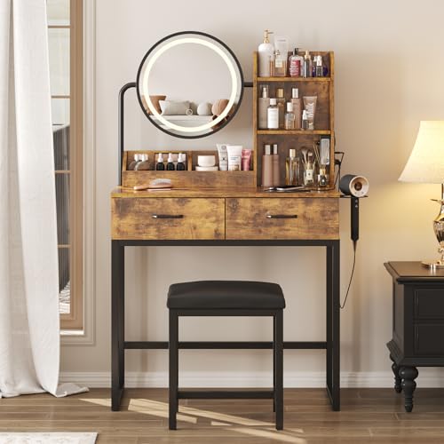 Brown Makeup Vanity Desk with Round Mirror and Lights, 2 Drawers M131330