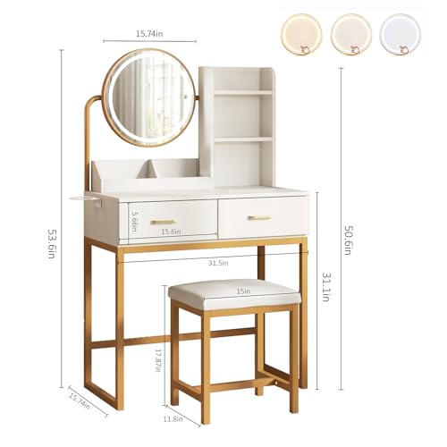 Brown Makeup Vanity Desk with Round Mirror and Lights, 2 Drawers M131330