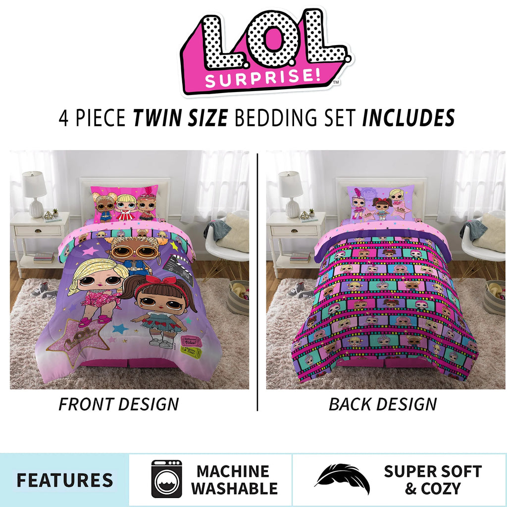 Kids Twin Bed in a Bag, Comforter and Sheets, Purple and Pink A53177
