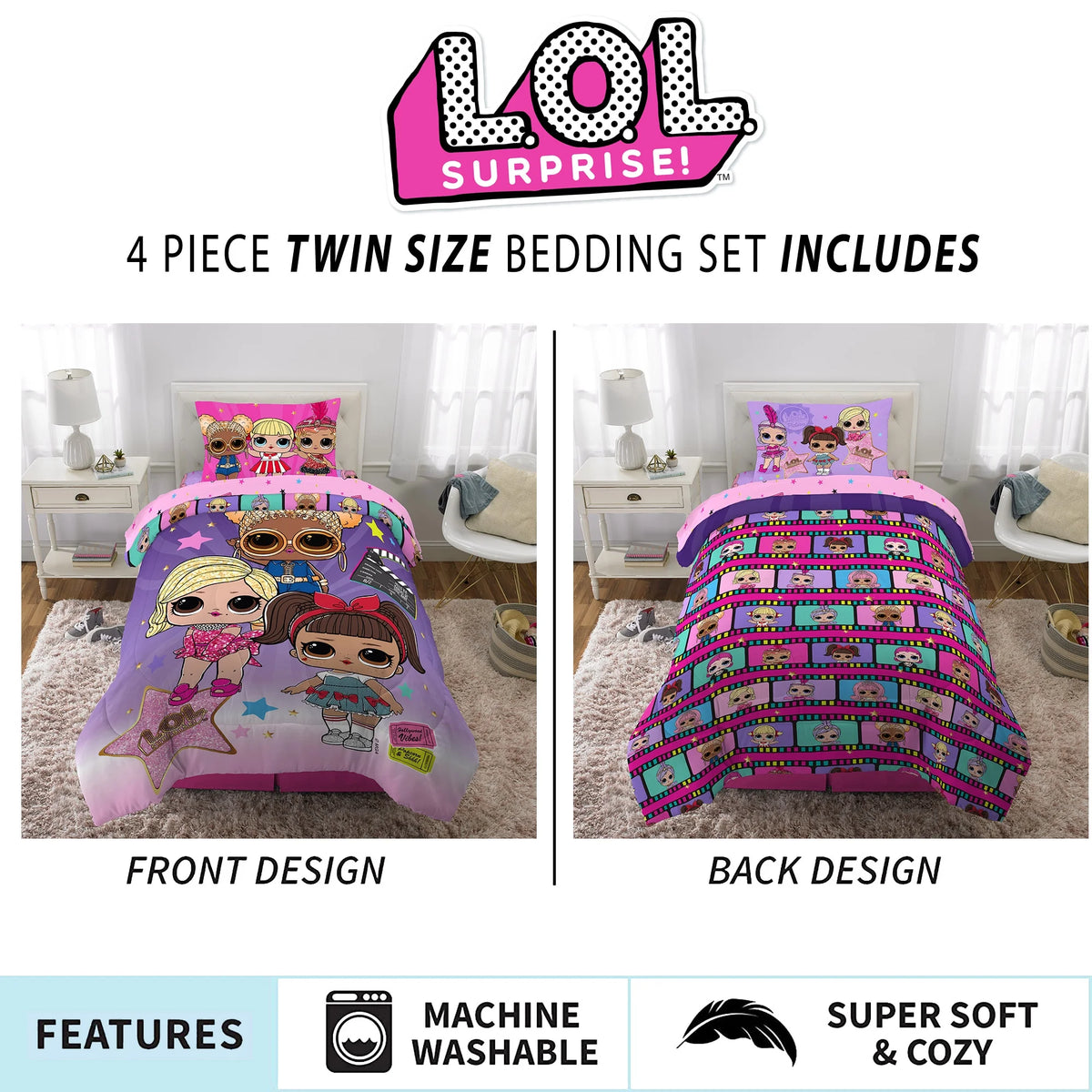 Kids Twin Bed in a Bag, Comforter and Sheets, Purple and Pink A53177