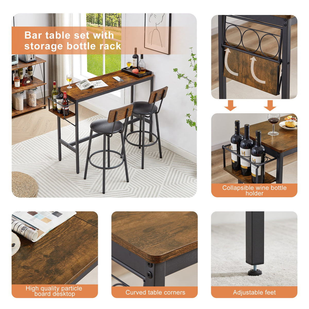 Rustic 3-Piece Dining Table Set with 2 Stools M692