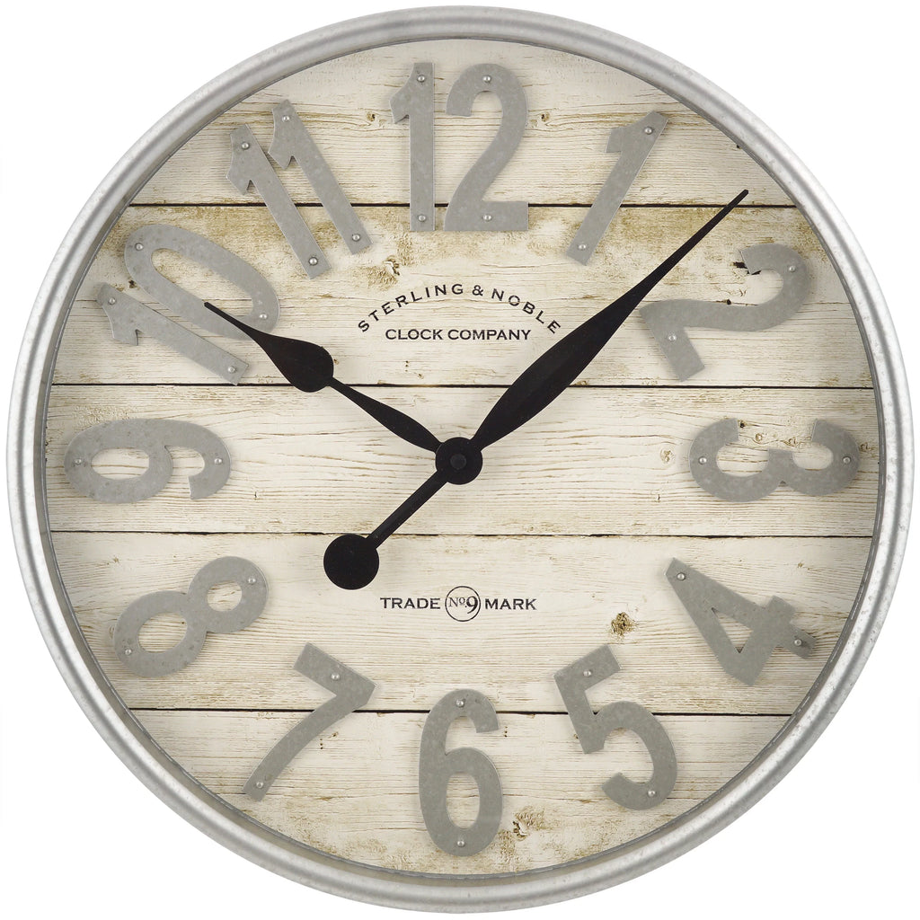 White and Galvanized Raised Analog Wall Clock U539