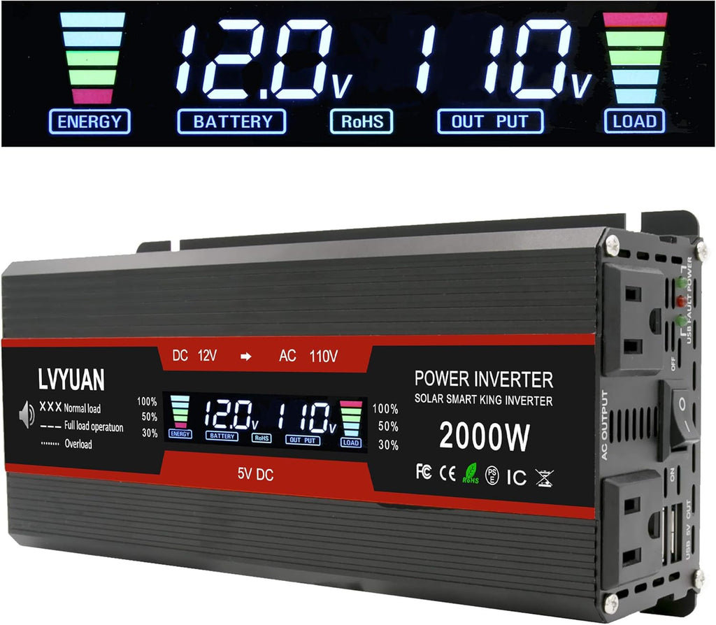 1000W/2000W Peak Car Power Inverter DC 12V to 110V AC Converter with LCD Display Dual AC Outlets Dual USB, Pack of 2 M342058